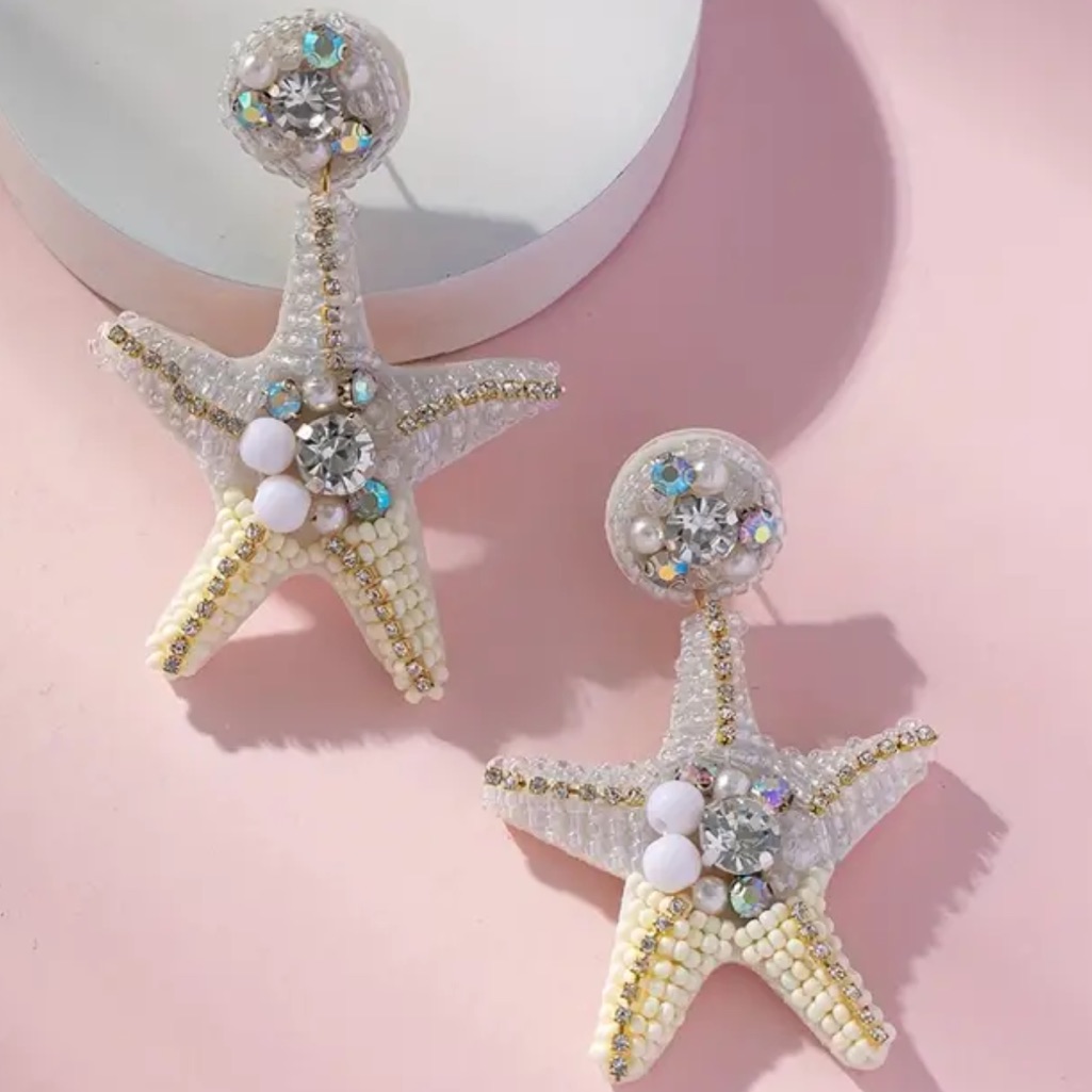White Nautical Sparkling Handmade Seedbead Starfish Drop Dangle Earrings 32$